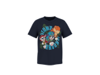 T-shirt infantil azul escuro com cães e dinossauro, texto 'STOMP AND ROAR'.