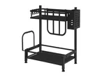 Black metal two-tier kitchen organizer with utensil holder and hooks.