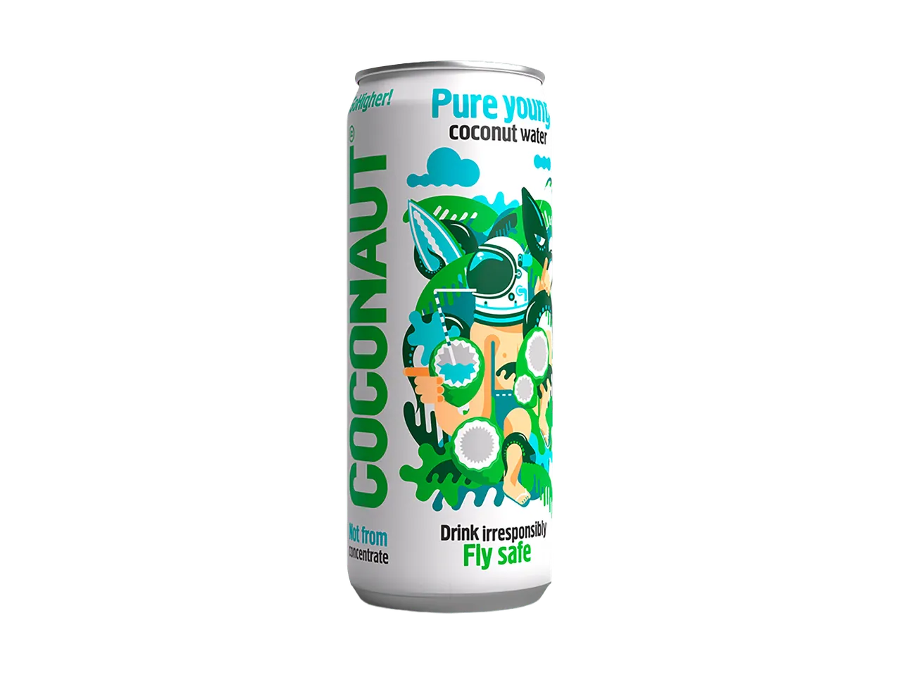 Canette d'eau de coco avec illustration d'un astronaute et de palmiers, texte « Pure young coconut water ».