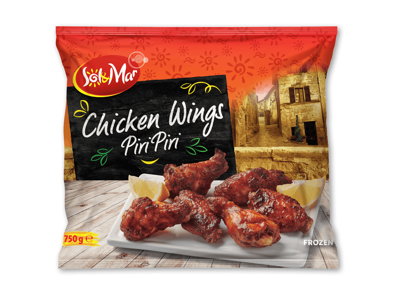Frosne kyllingevinger med piri-piri-smag på en hvid tallerken med citronkiler.