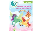 Eenhoornverhalen om te leren lezen, met twee gevleugelde eenhoorns, een kasteel en een regenboog.