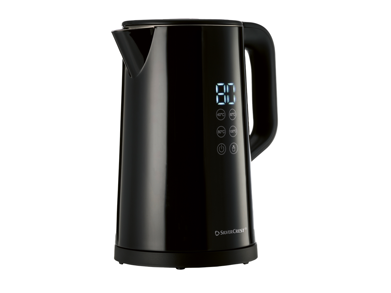 Melna SilverCrest® elektriskā tējkanna ar digitālo displeju un temperatūras kontroli.