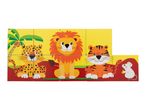 Children's wooden puzzle with a leopard, lion, tiger, and mouse.