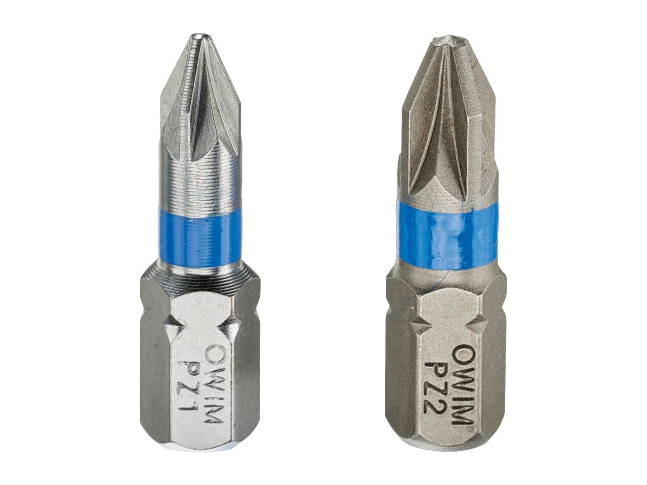 Two Pozidriv screwdriver bits, PZ1 and PZ2, with blue bands, on a white background.