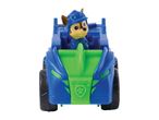 Blue and green toy car with a dog figure wearing a blue helmet.