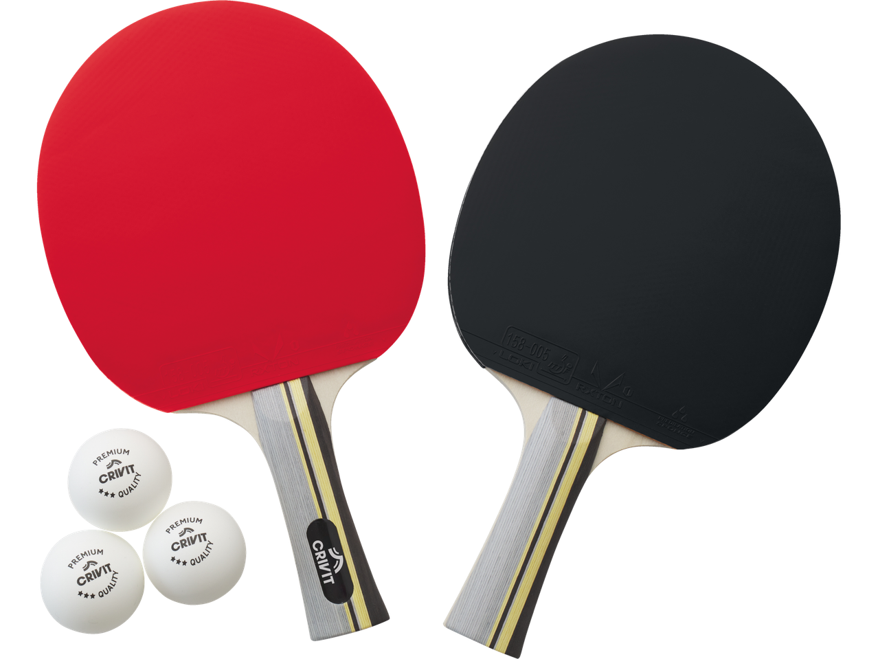 Crivit loparji za namizni tenis, žogice in lopar s črno površino.