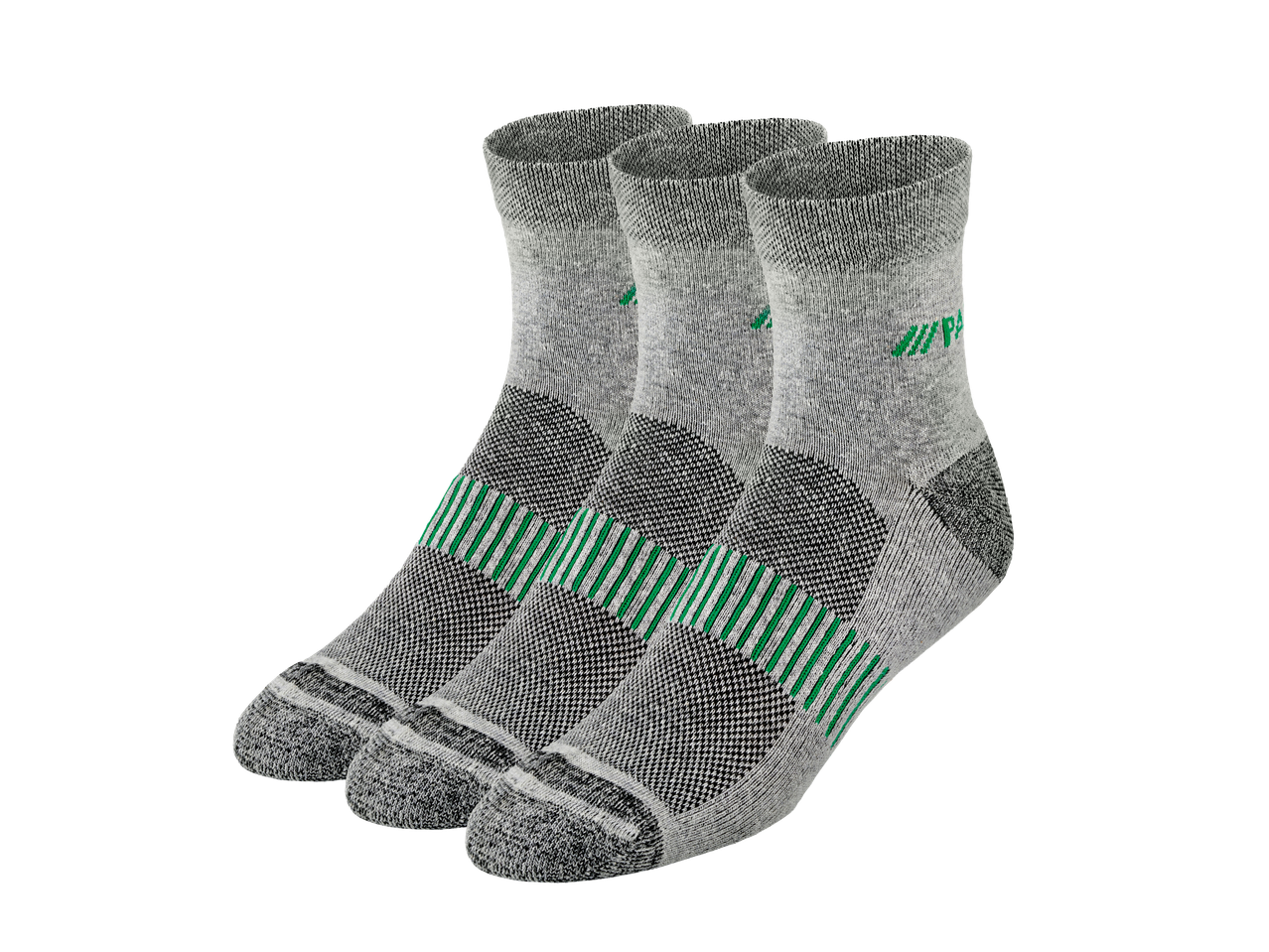 Tre calze da lavoro Parkside® grigie con strisce verdi.