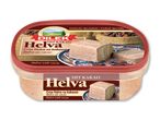 Halva med kakao i en beholder, med billeder af kakaobønner og halva på låget.
