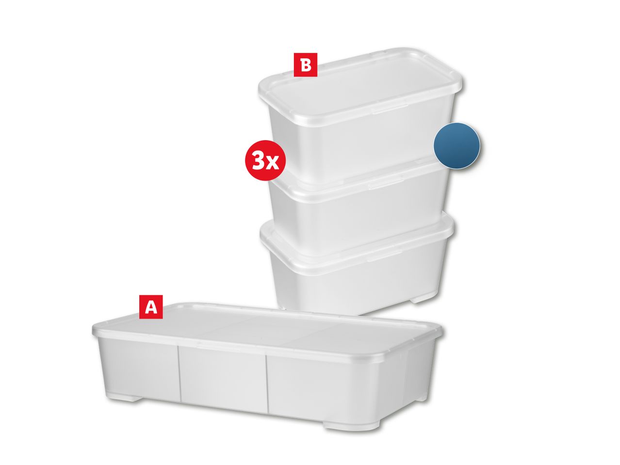 Kolm plastikust hoiukonteinerit kaantega.