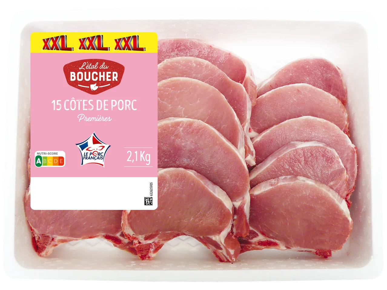 Barquette de 15 côtes de porc premières, 2,1 kg, avec Nutri-Score A et label Le Porc French.