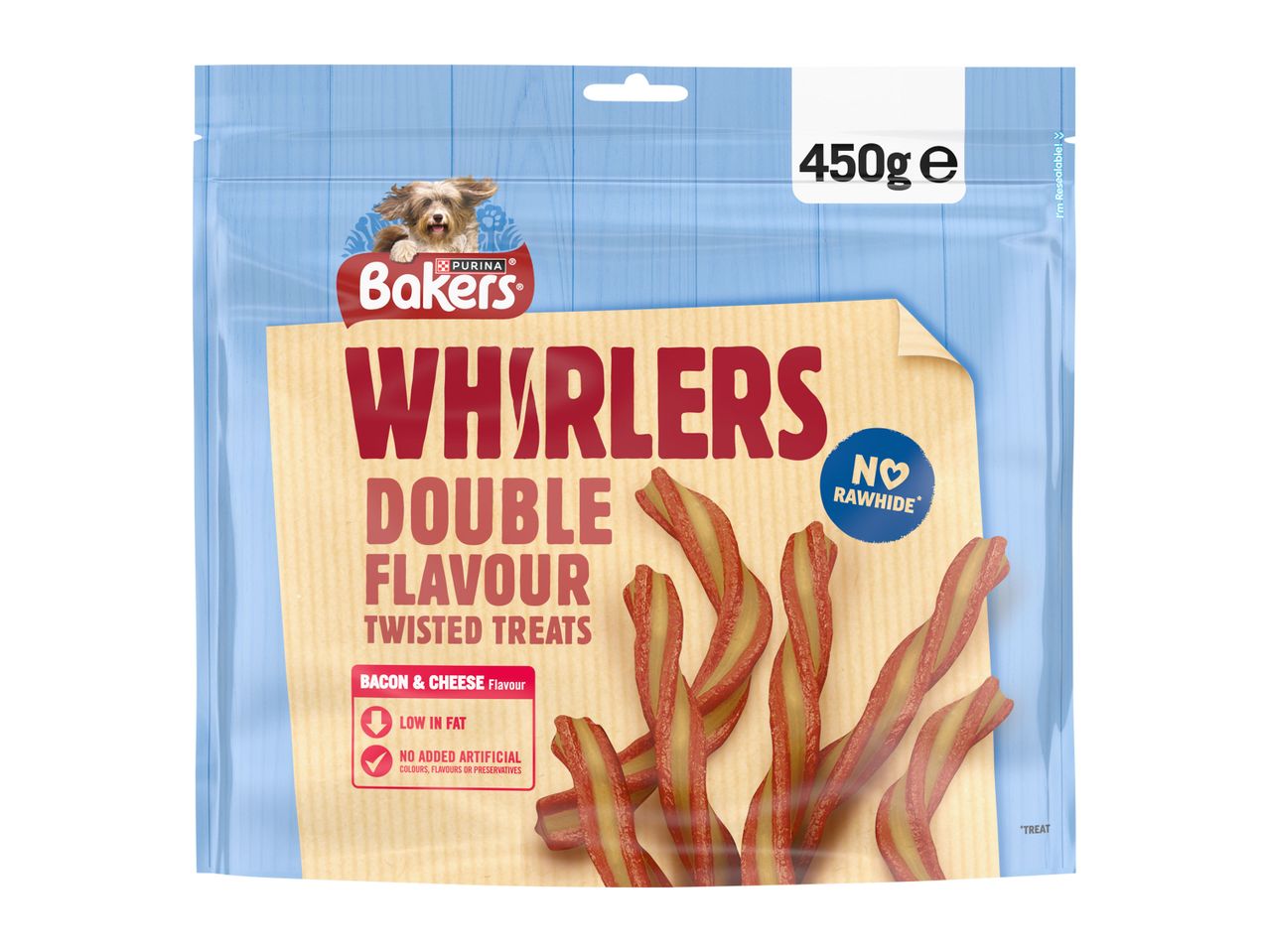Purina Bakers Whirlers Double Flavour Twisted Treats dog chews in a resealable bag.