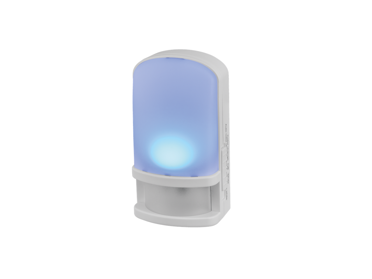 Valge liikumisanduriga öölamp pehme sinise hõõgumisega.