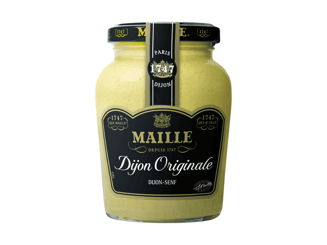 Glas Maille Original Dijon Senf auf schwarzem Hintergrund.