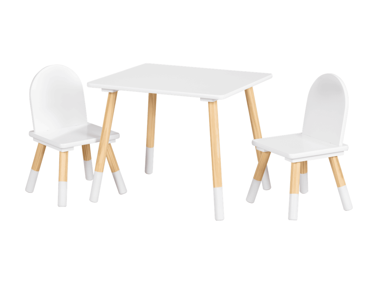 Table blanche pour enfants avec deux chaises et pieds en bois avec embouts blancs.