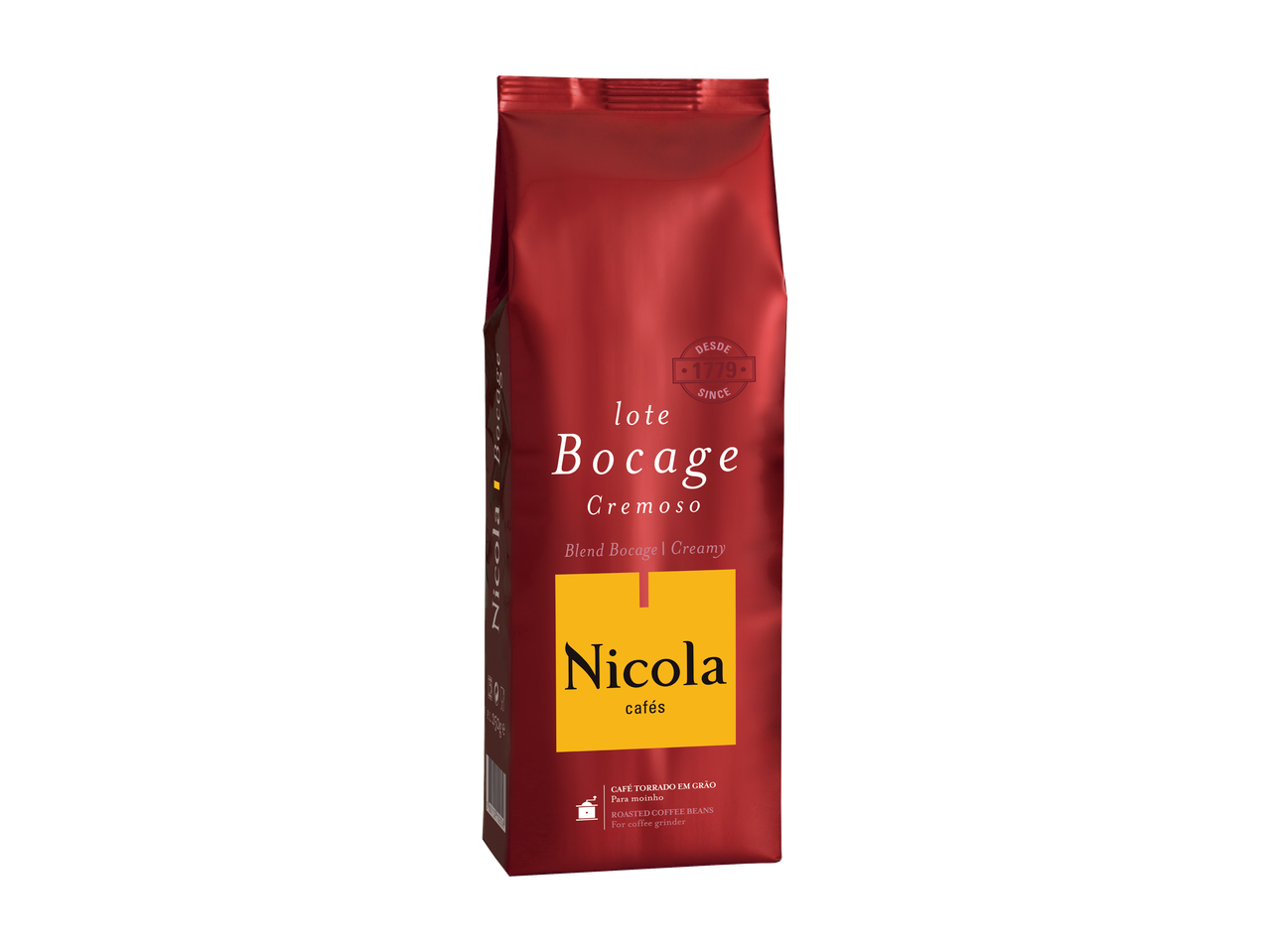 Café em grão torrado Nicola Lote Bocage Cremoso numa embalagem vermelha e amarela.