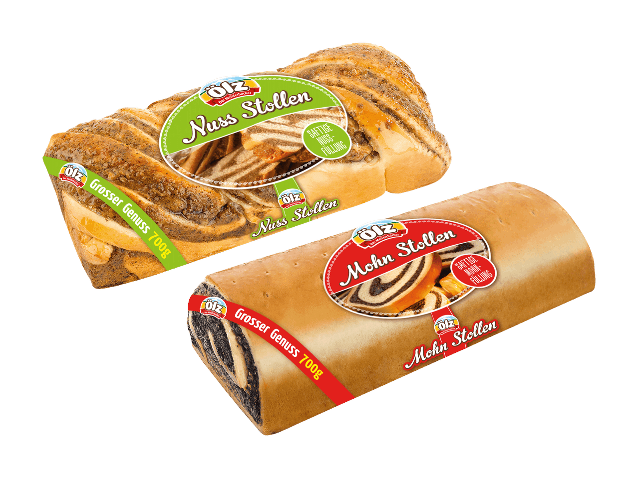 Zwei Stollen, einer mit Nussfüllung und einer mit Mohnfüllung, beide in transparenter Verpackung.