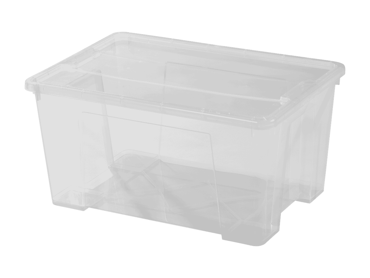 Boîte de rangement en plastique transparent avec couvercle sur fond noir.