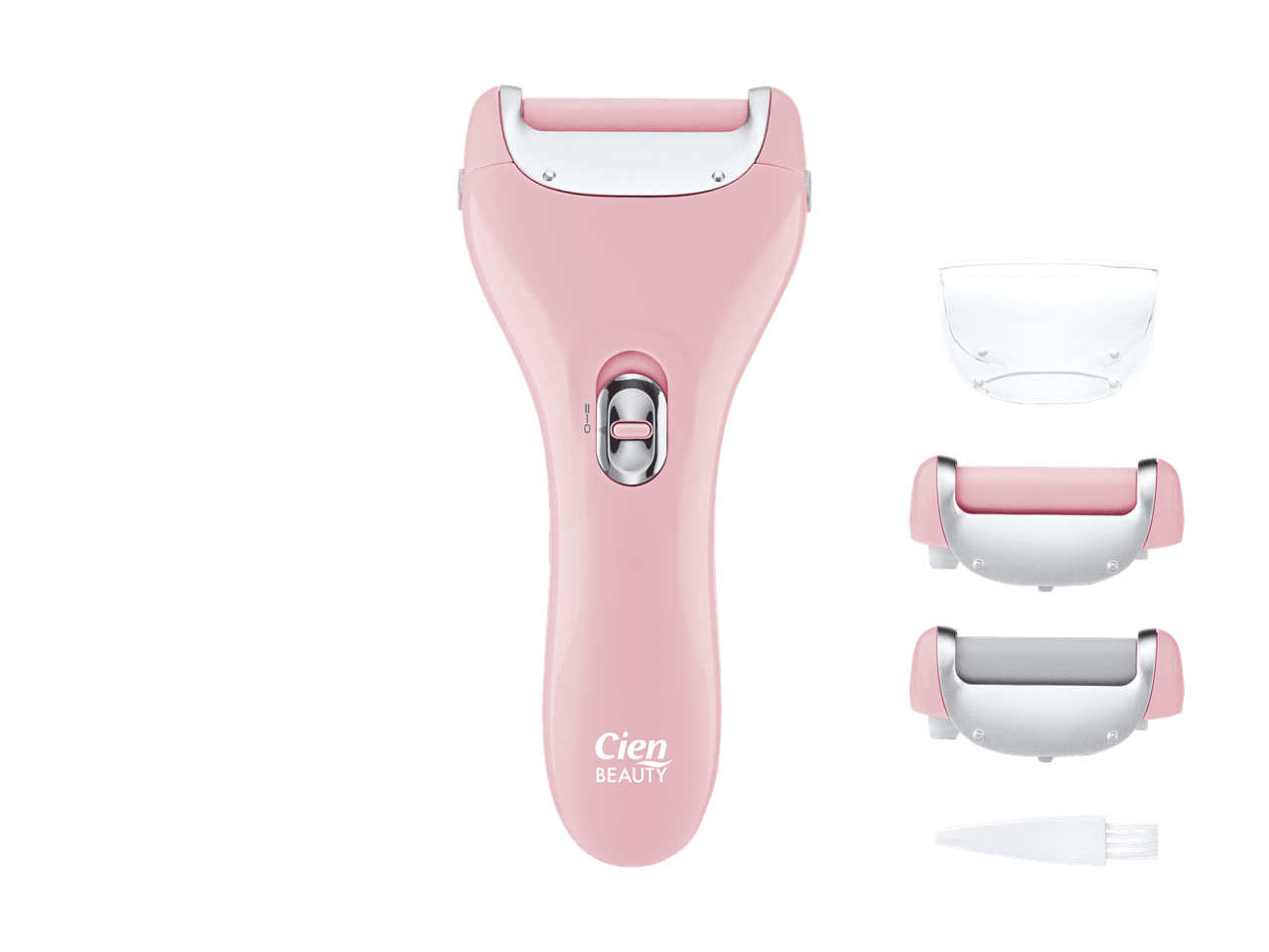 Râpe électrique rose pour les pieds avec deux rouleaux interchangeables, un capuchon de protection et une brosse de nettoyage.