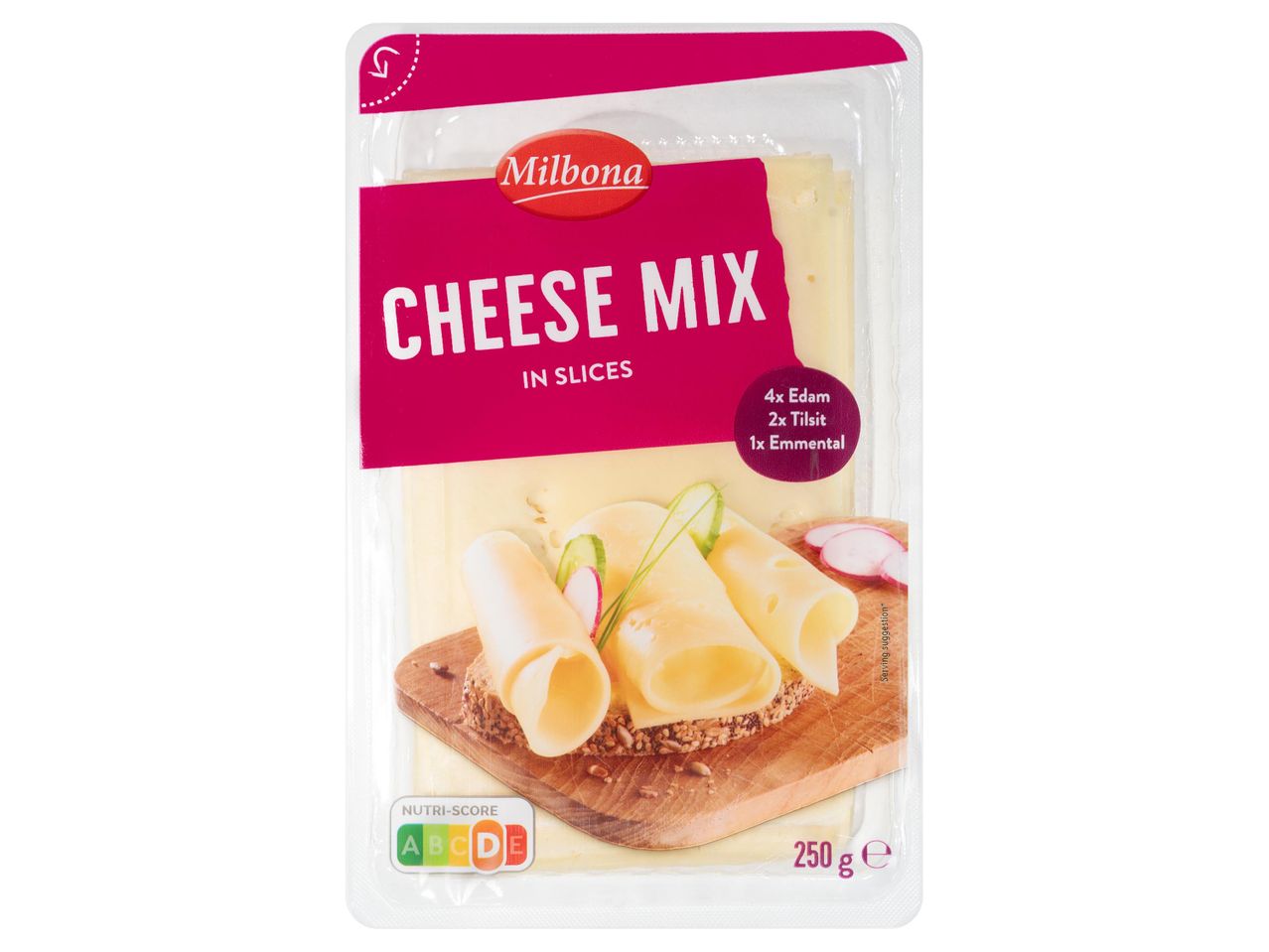 Milbona sajt mix szeletekben: 4x Edami, 2x Tilsit, 1x Emmentali.
