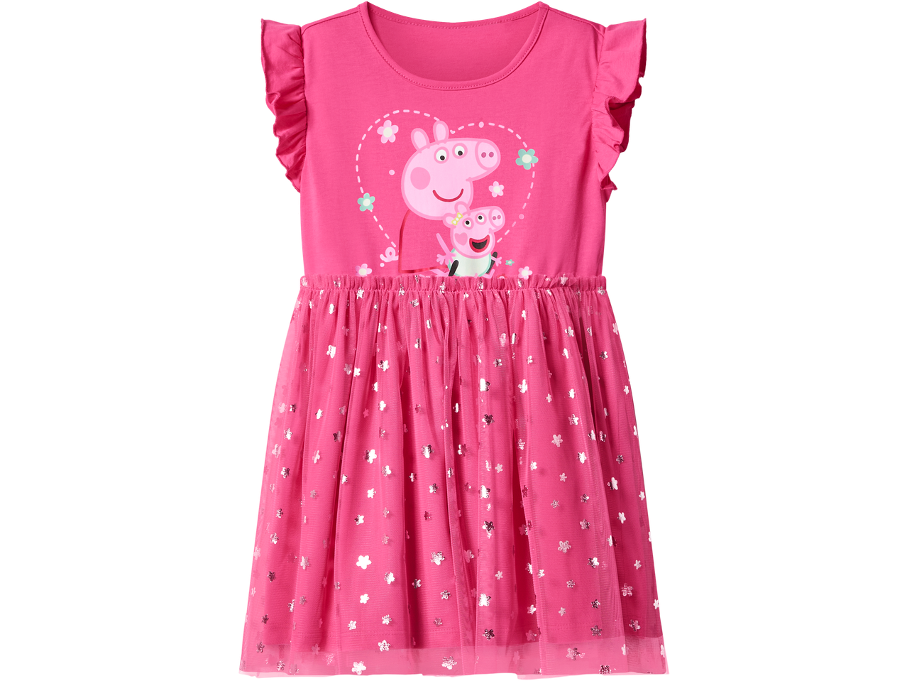 Pink toddler dress with Peppa Pig print and glittery tulle skirt.