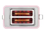 Pink toaster with two slices of bread toasting, top view.