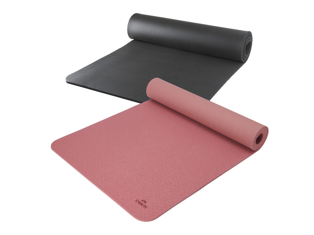 Dvije prostirke za jogu, jedna crna i jedna ružičasta s logotipom CRIVIT.
