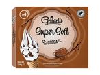 Box of four cocoa soft-serve ice cream cones with vanilla flavor and cocoa sauce.