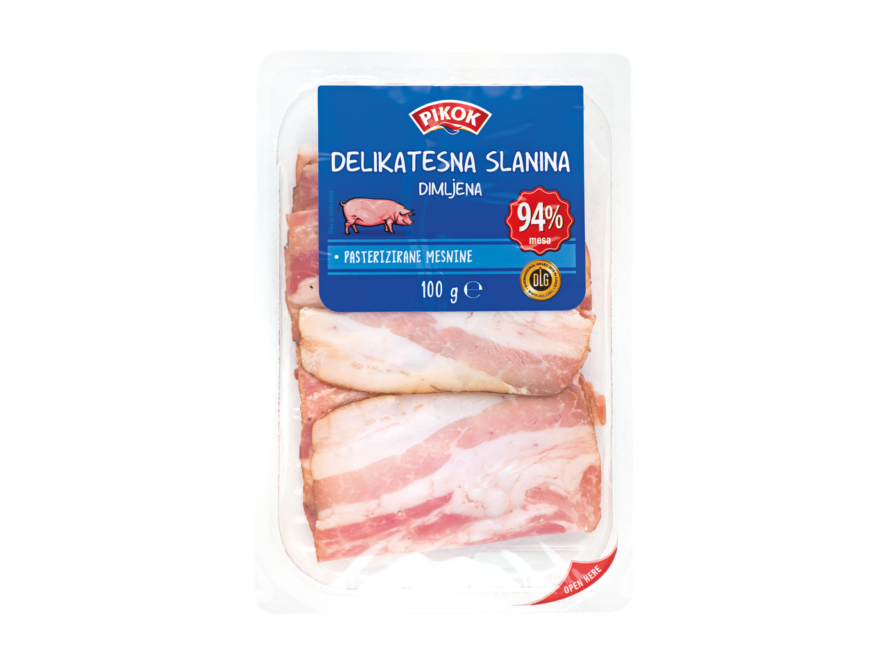 Paket dimljene slanine, 100 g, s 94 % mesa in oznako 'Open Here'.