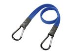 Blue bungee cord with black carabiner clips on both ends