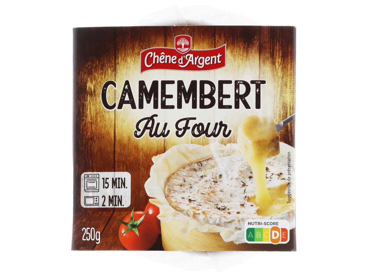 Boîte de camembert à cuire au four, avec instructions de cuisson et Nutri-Score.