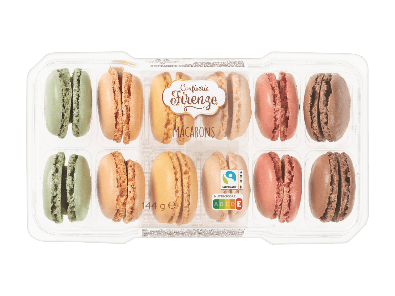Eine Packung bunter Macarons mit verschiedenen Geschmacksrichtungen und einem Nutri-Score-Label.