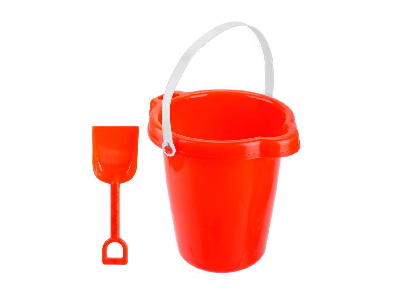 Red plastic sand bucket with a white handle and a matching red shovel.