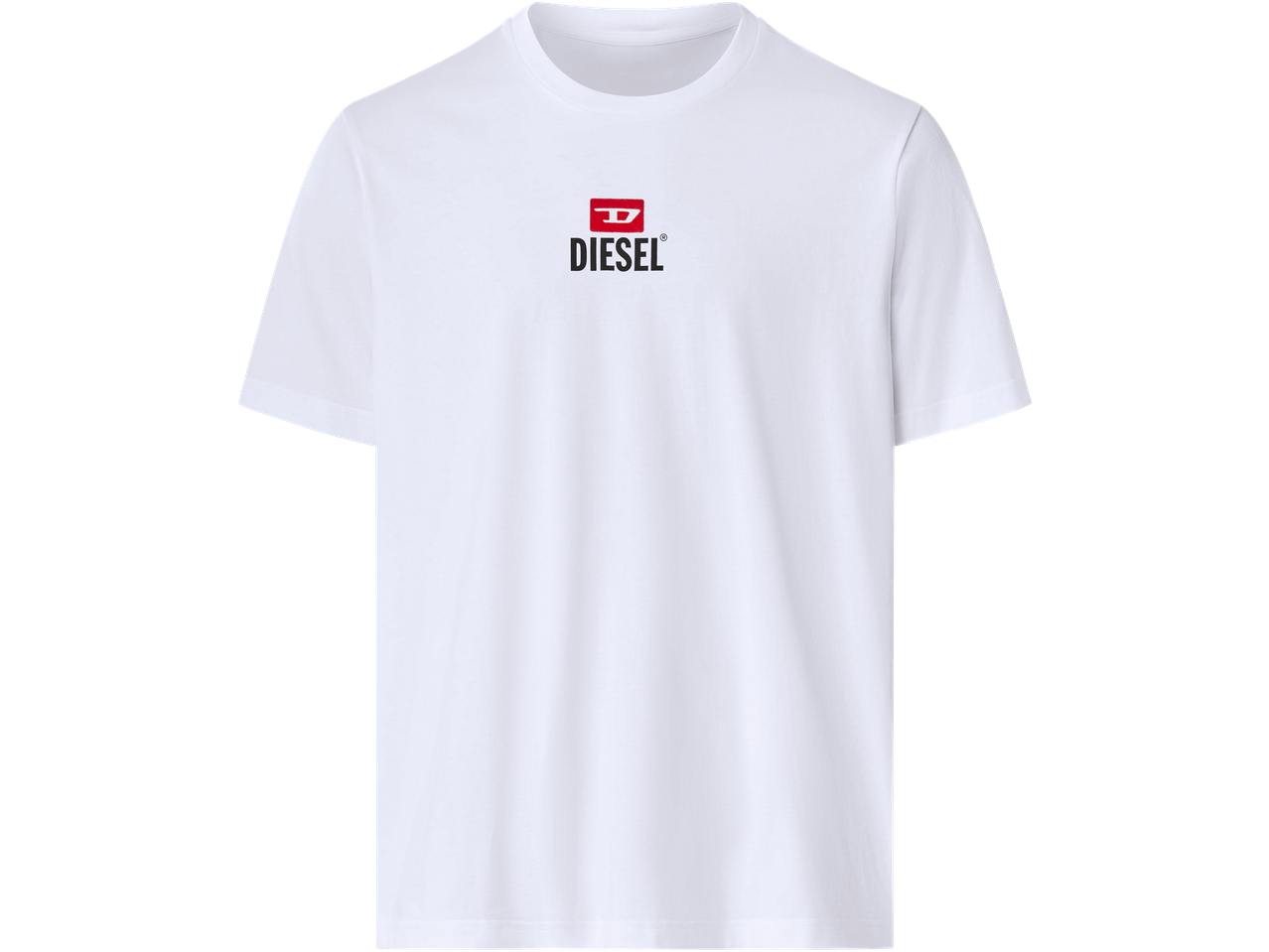 Bijela majica kratkih rukava s crvenim i crnim logotipom u sredini prsa.