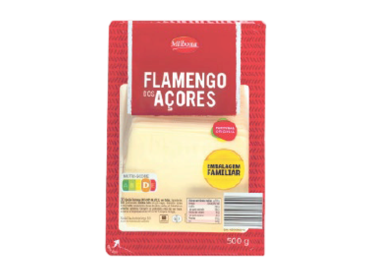 Queijo flamengo dos Açores fatiado, embalagem familiar de 500g.