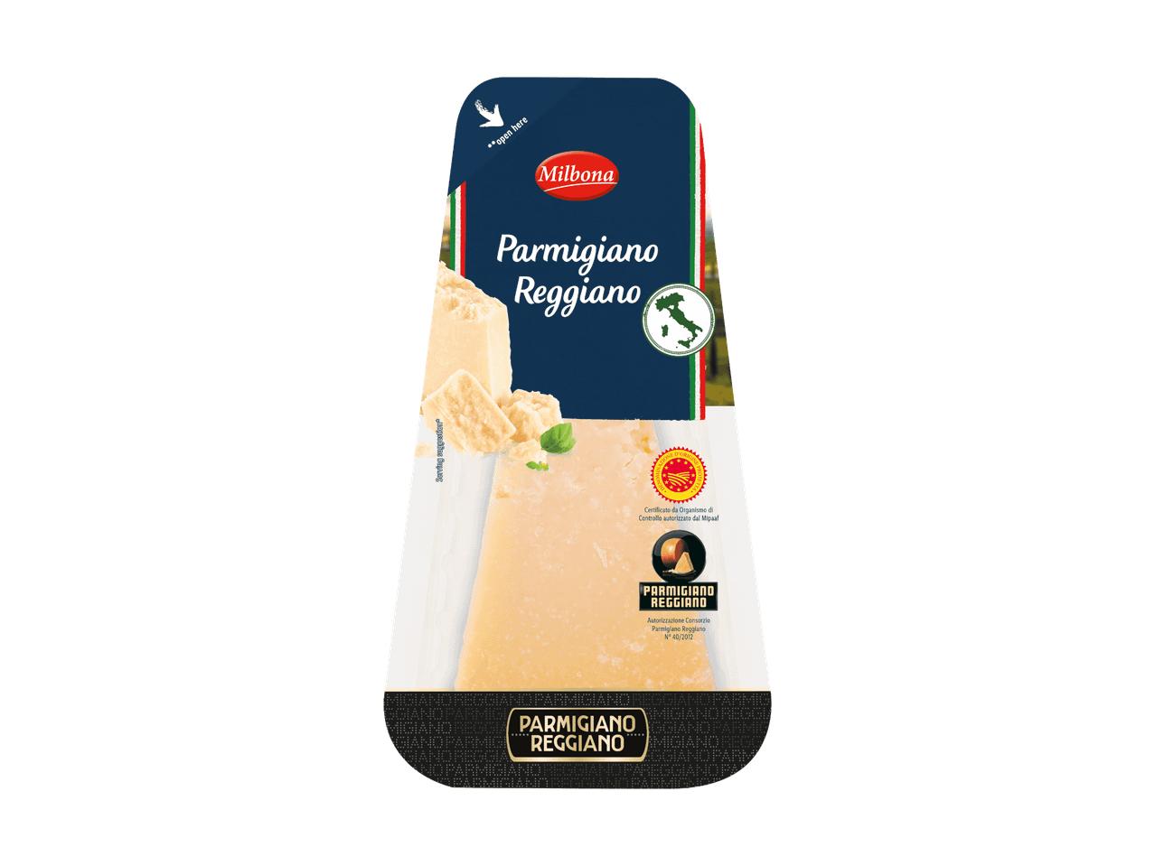 Verpackung von Parmigiano Reggiano mit Käsestücken und Kräutern.