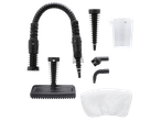Комплект аксесоари за парочистачка, включващ маркуч, различни приставки, мерителна чаша и кърпа.