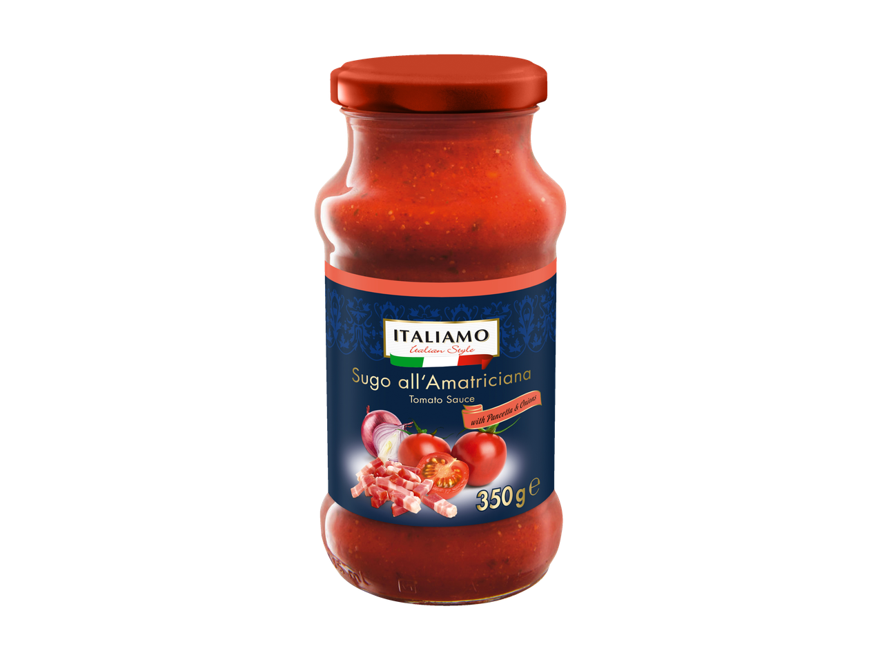 Italimo Amatriciana tomatensaus met pancetta en ui.