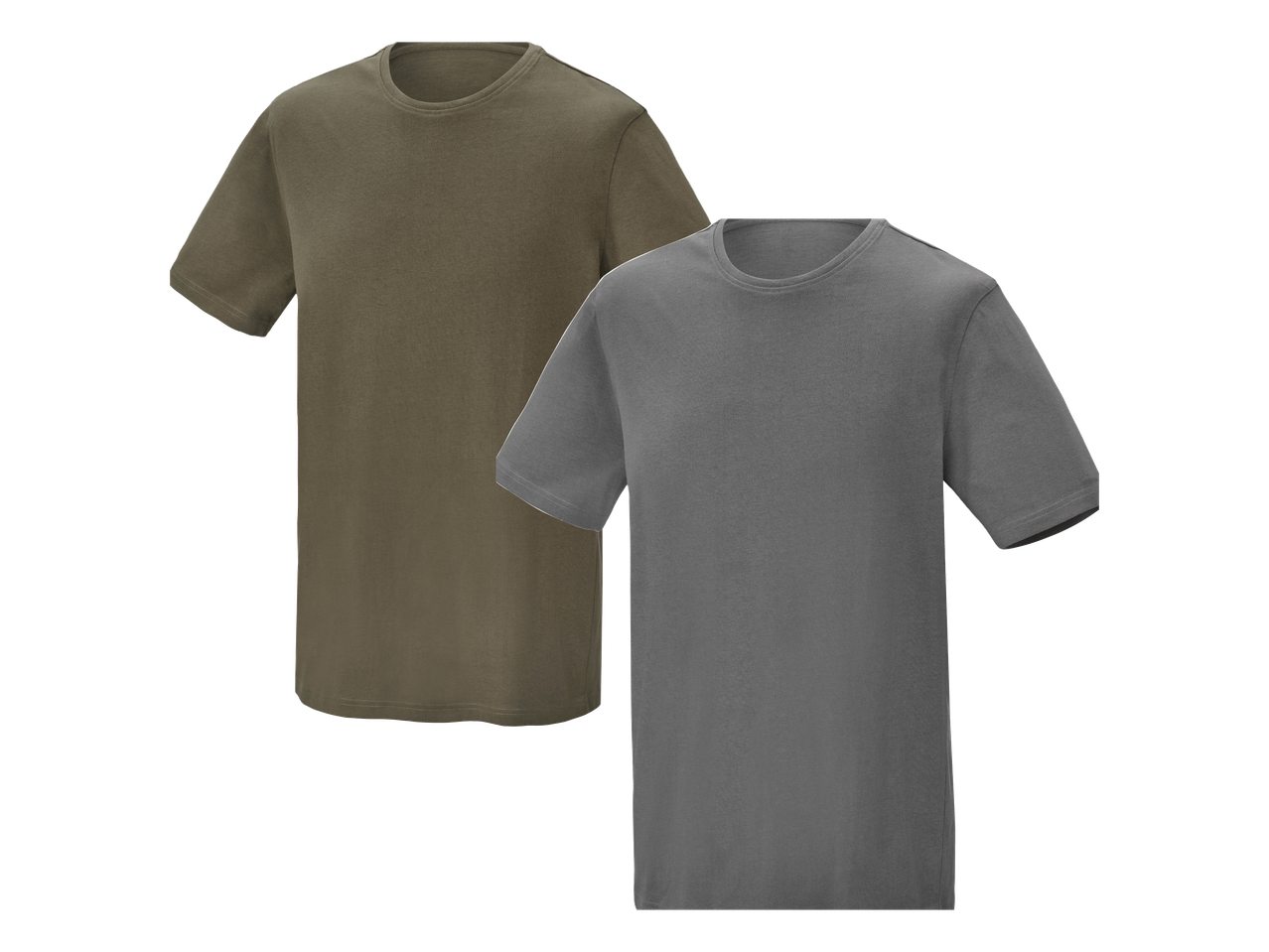 Dvije muške majice kratkih rukava, jedna maslinasto zelena i jedna siva.