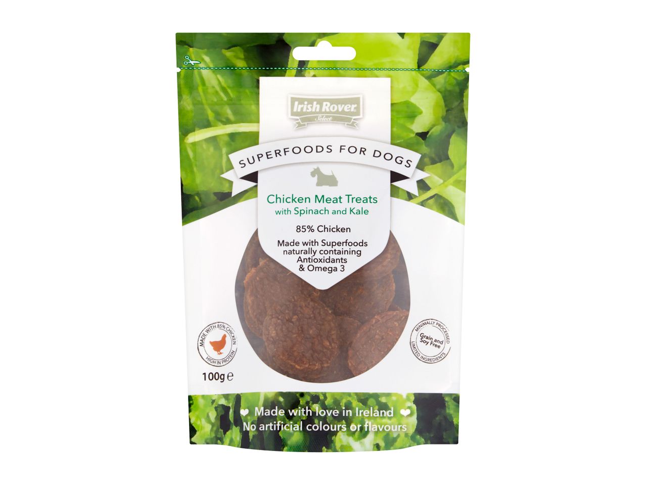 Irish Rover Select Superfoods for Dogs Chicken Meat Treats with Spinach and Kale.