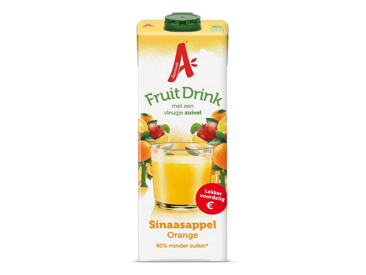 Sinaasappel fruitdrank met een vleugje zuivel en 40% minder suiker.