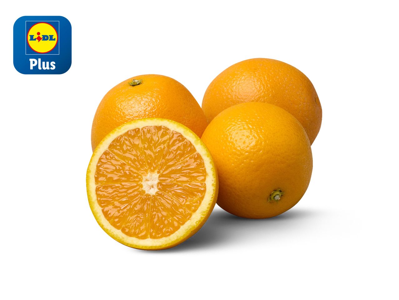 Lidl Plus oranges: three whole oranges and one half, isolated on white.
