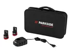 A black carrying case, two batteries, and a charger with a power cord.