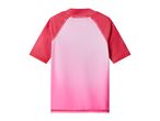 Pink ombre short-sleeved rash guard with red raglan sleeves, back view
