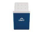 A Crivit blue cooler with a partially opened white lid.