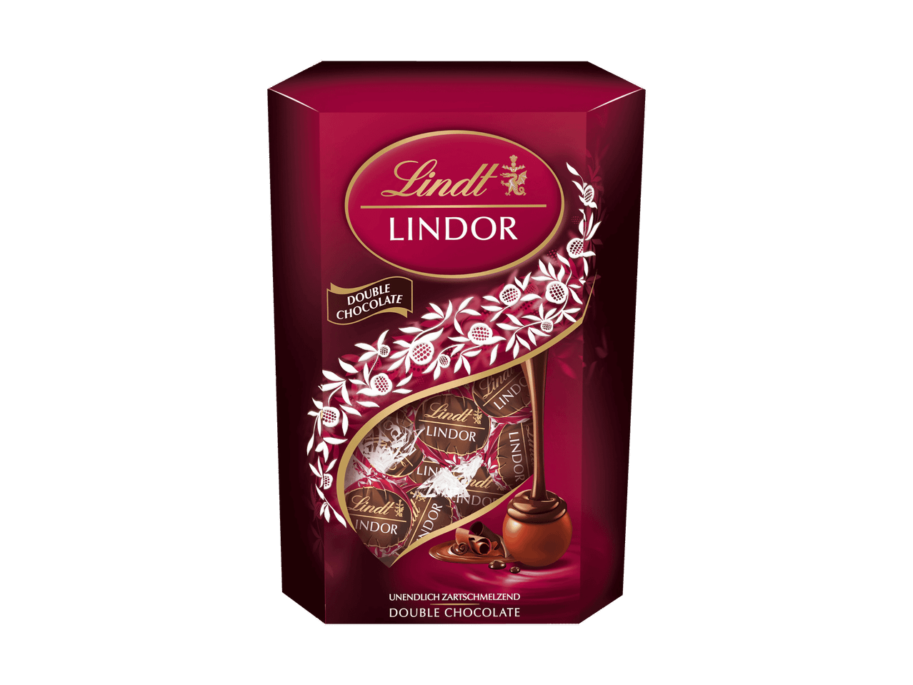 Boîte de chocolats double chocolat avec un motif floral blanc et des truffes au chocolat.