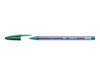 A BIC Cristal Soft pen with a green cap and barrel is shown with the cap removed.