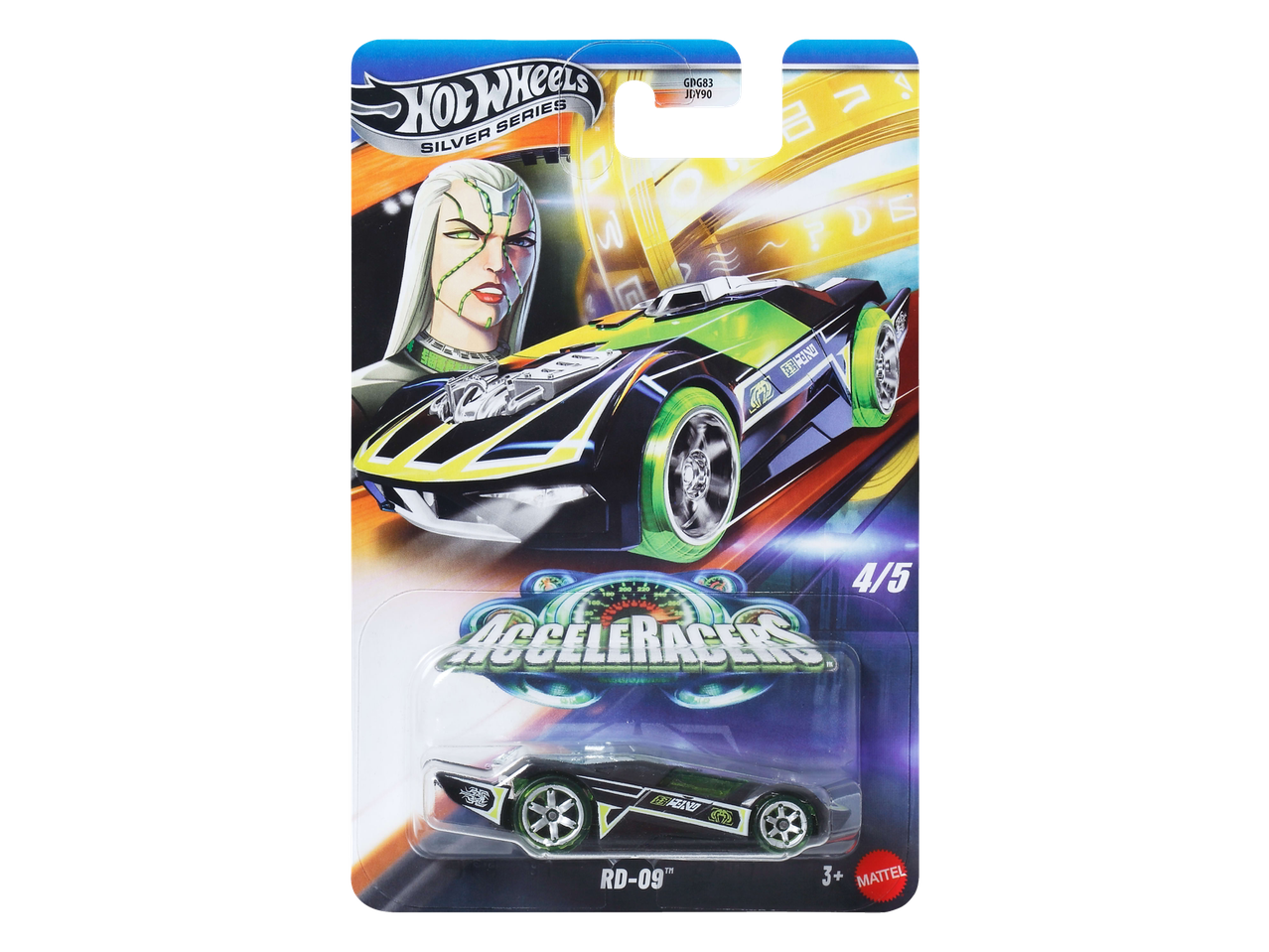 Hot Wheels Acceleracers RD-09 žaislinis automobilis pakuotėje, su personažo iliustracija.