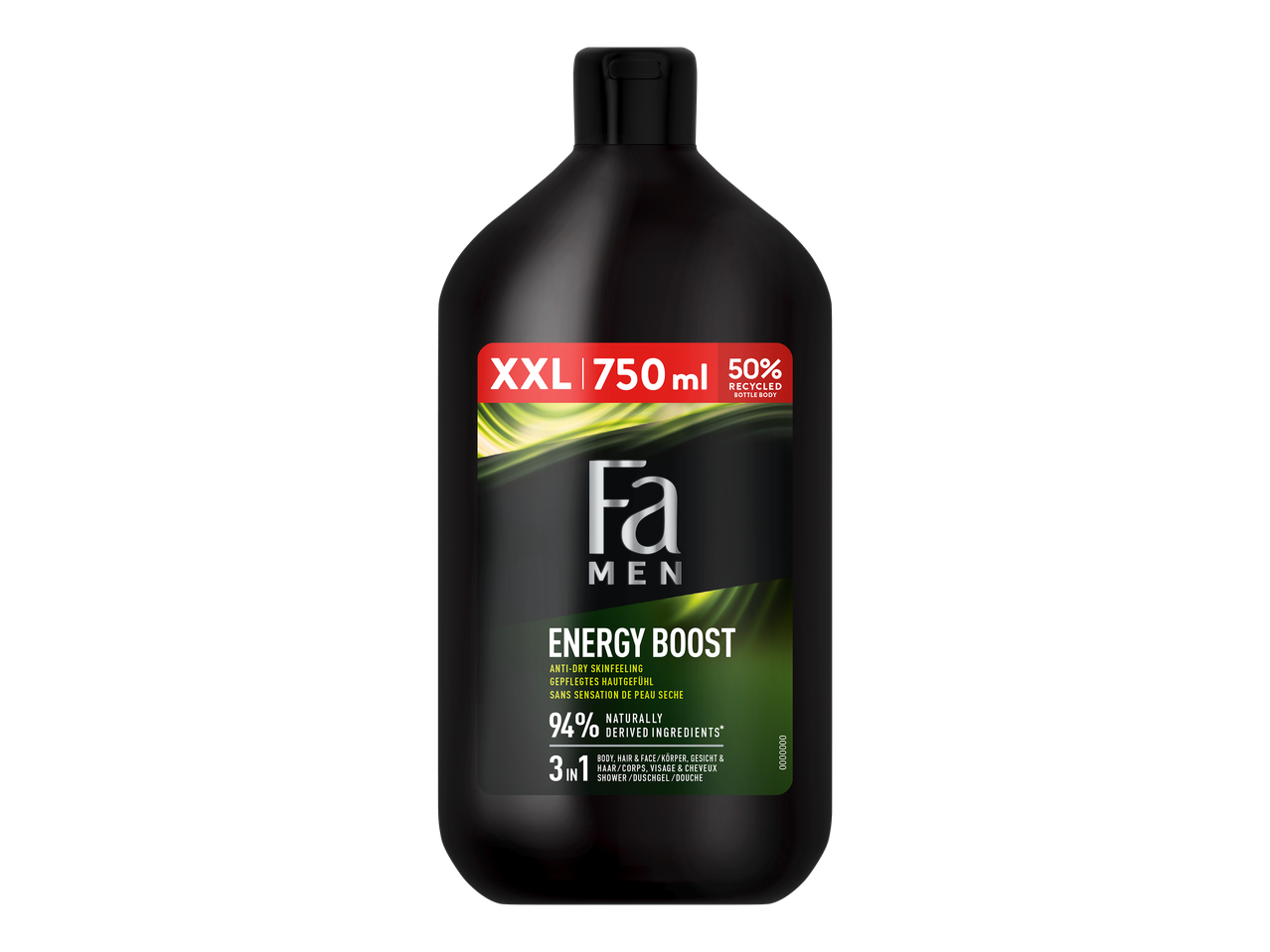 Črna steklenička gela za prhanje 3 v 1 za moške, 750 ml, z napisom »Energy Boost«.