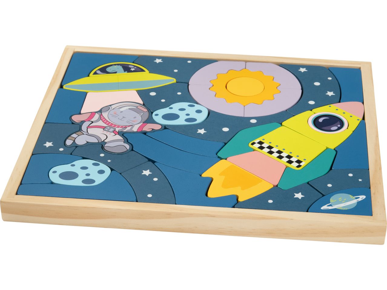 A wooden space-themed puzzle featuring a cat astronaut, rocket, UFO, and planets.