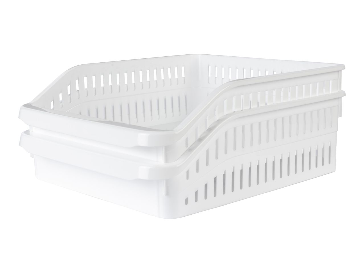 Two white plastic storage baskets stacked together.